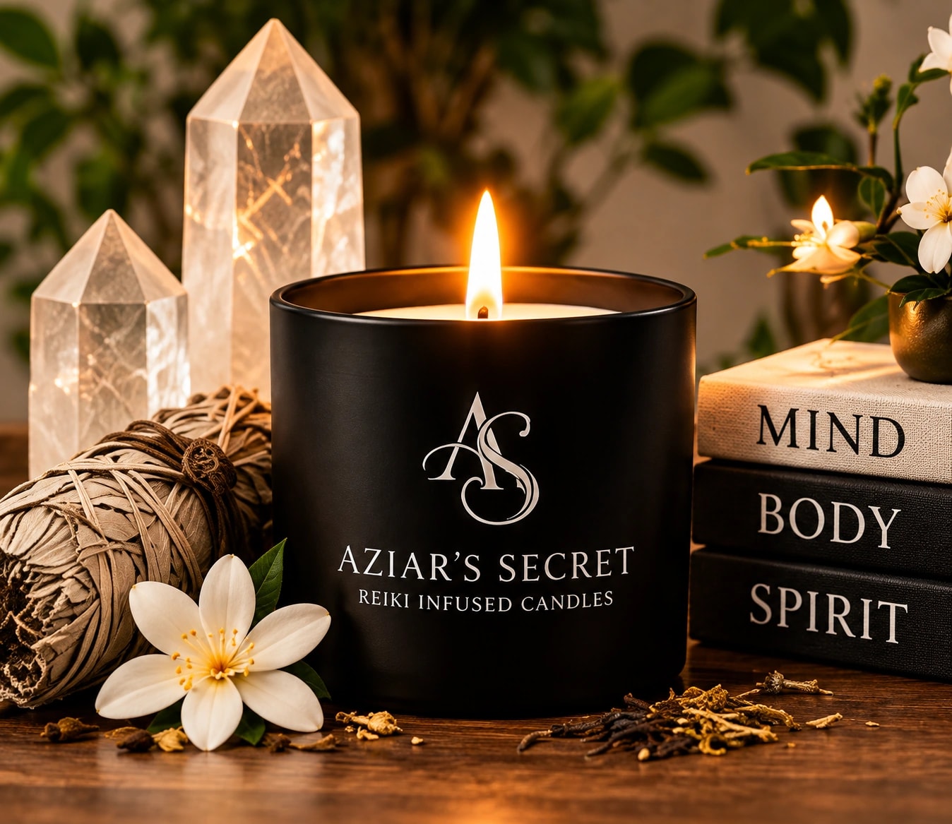 Aziar’s Secret candle with crystals and Mind, Body, Spirit books