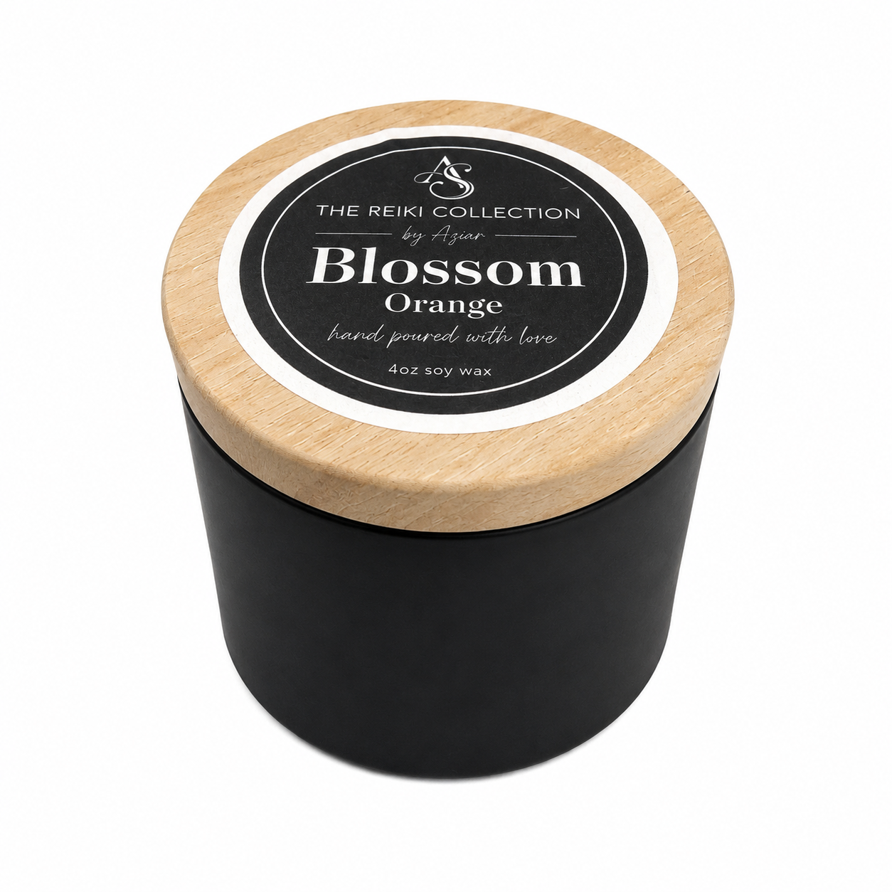 Blossom 4 oz soy candle in a black vessel with a wood-look lid